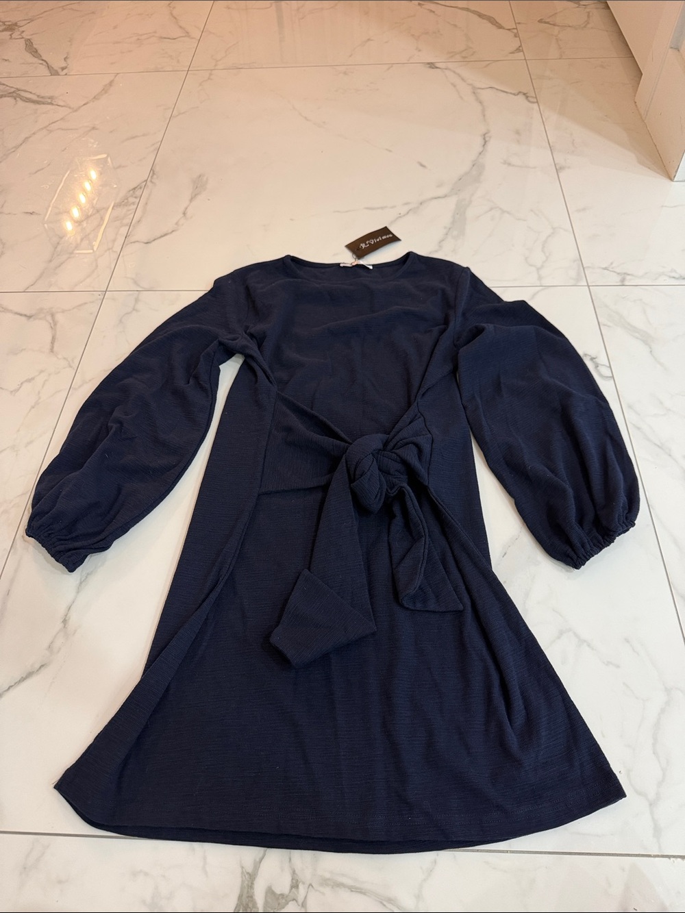 Navy Long-Sleeve Tie-Waist Knit Dress @@@